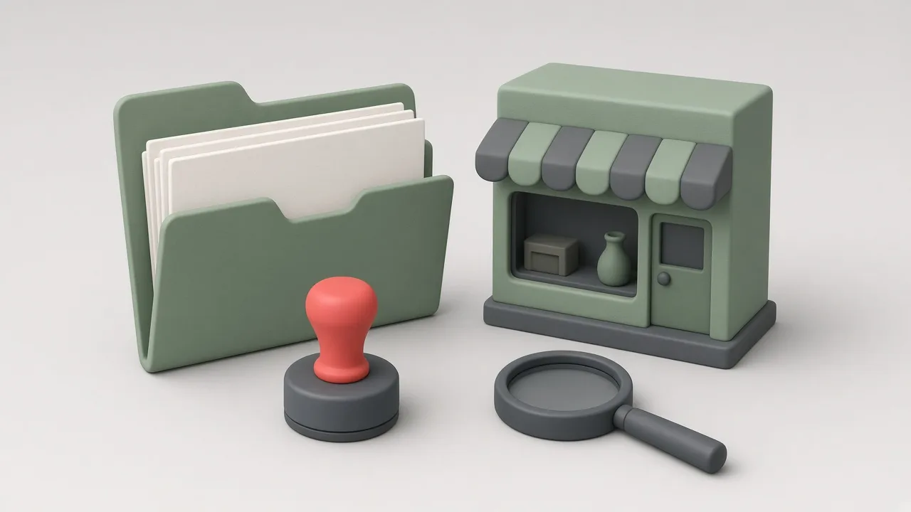 Un dosar cu documente legale ștampilate lângă un magazin online miniatural și o lupă, pe un birou curat