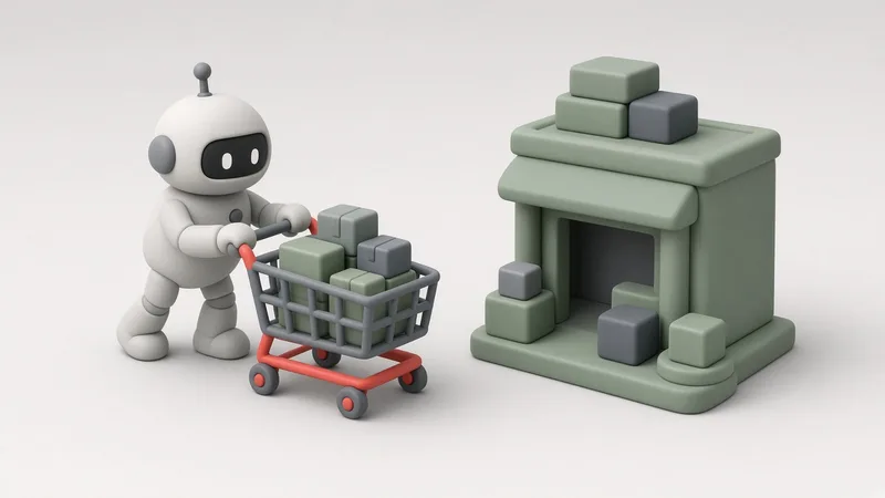 Un robot mic și prietenos care împinge un coș de cumpărături cu colete spre un magazin online miniatural
