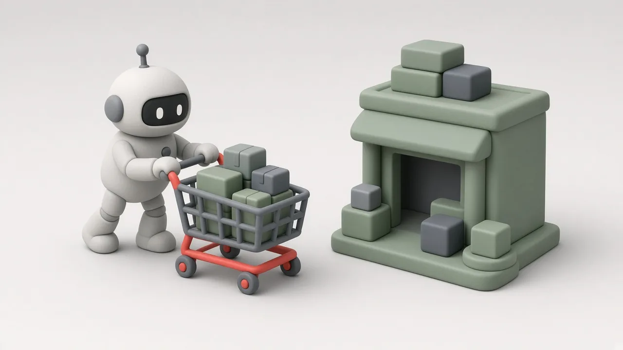 Un robot mic și prietenos care împinge un coș de cumpărături cu colete spre un magazin online miniatural