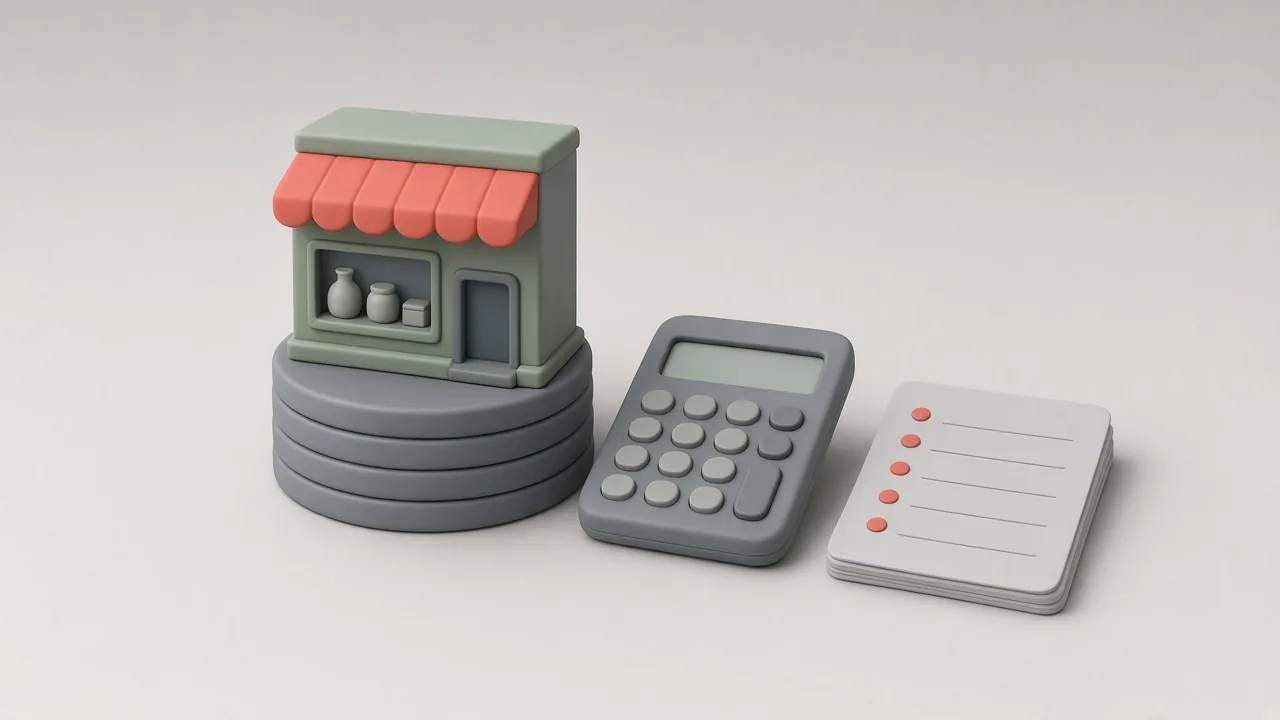 Un magazin online miniatural așezat pe un teanc de monede, lângă un calculator și o listă de componente de cost