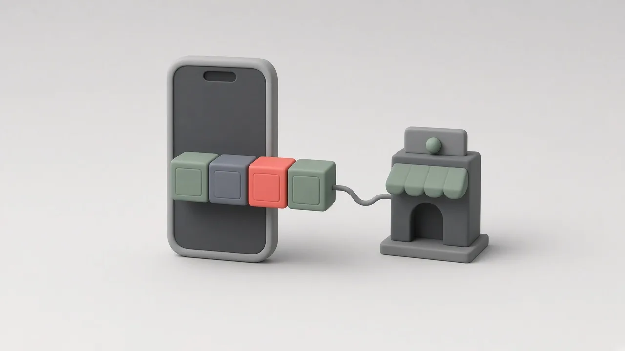 Un telefon cu un șir de cutii de produse care ies din ecran, legat printr-un cablu de un magazin online miniatural