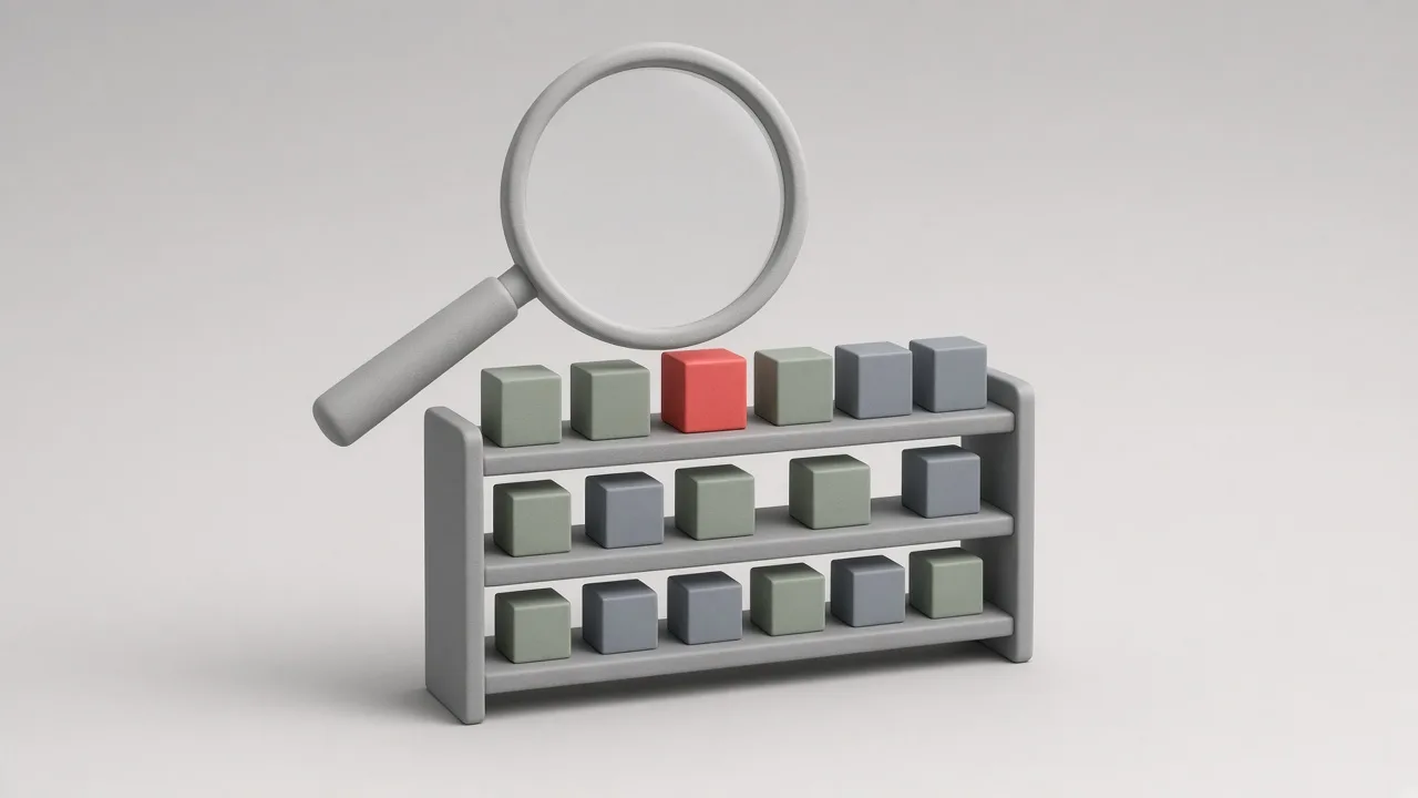 O lupă mare deasupra unui raft cu cutii miniaturale, una dintre ele evidențiată