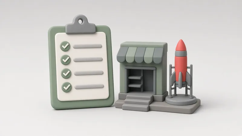 O listă de verificare cu bife lângă un magazin online miniatural pregătit de lansare, ca o rachetă mică pe rampă