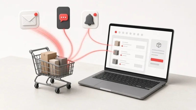 Coș de cumpărături lăsat lângă un laptop cu checkout deschis, cu notificări de email, SMS și push care readuc clientul în coș