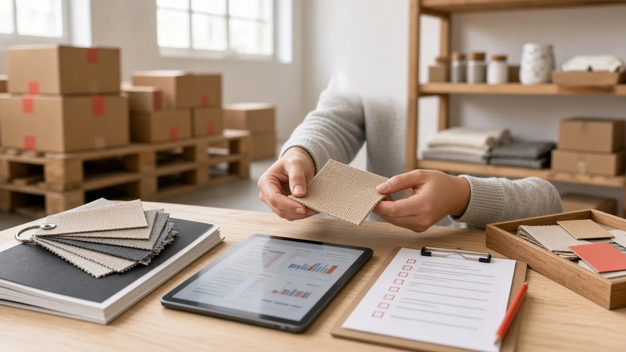 Antreprenor care verifică o mostră de material într-un depozit cu cutii pe paleți, cataloage de furnizori și o listă de control a calității