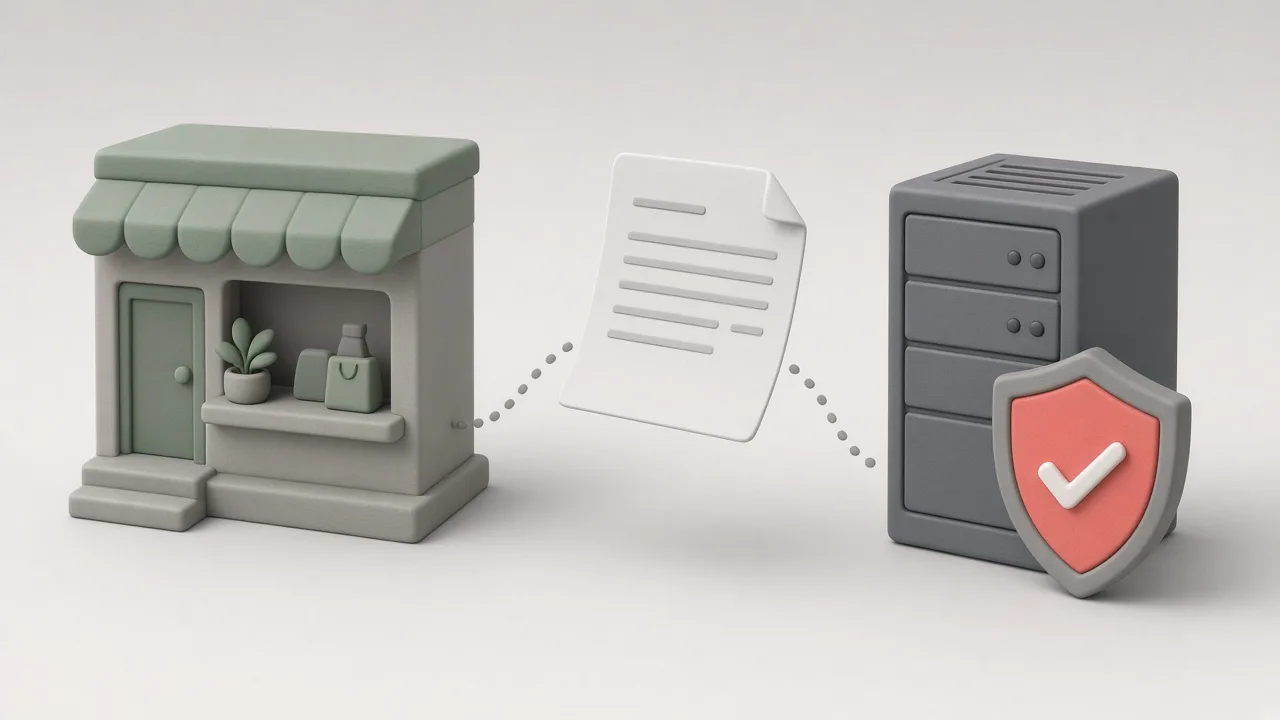 O factură digitală care pleacă dintr-un magazin online miniatural spre un server securizat, cu un scut și o bifă de validare