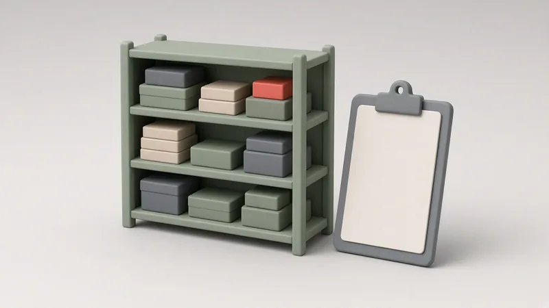Un raft de depozit miniatural cu cutii aranjate pe trei niveluri, lângă un clipboard de inventar