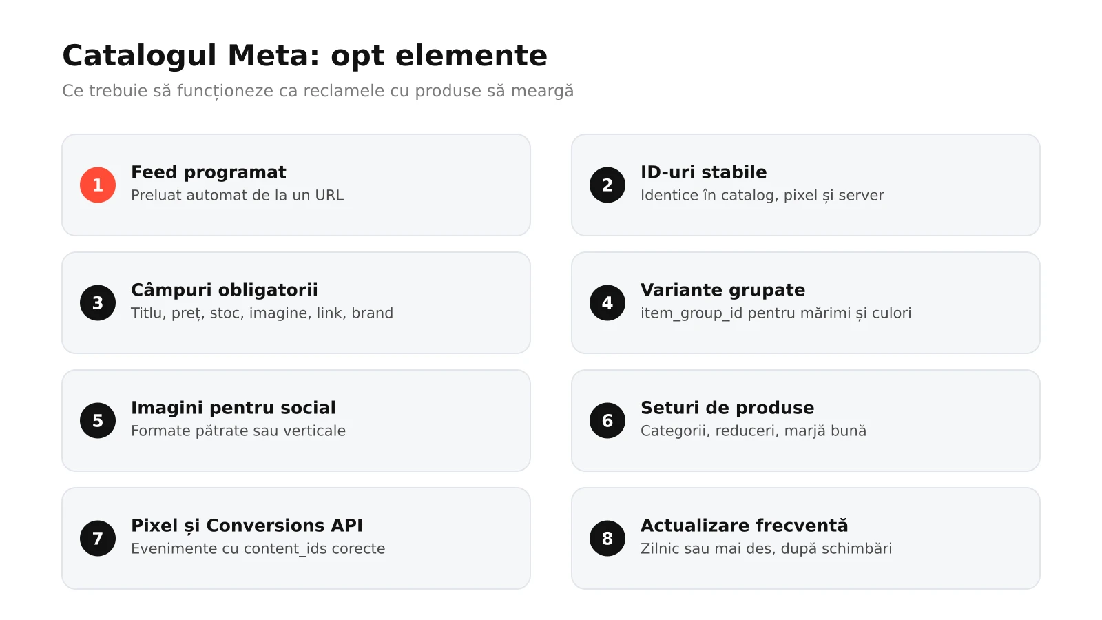 Infografic: cele opt elemente ale unui catalog Meta funcțional, de la sursa de date și ID-urile de produs la câmpurile obligatorii, imagini, variante, seturi de produse, pixel și Conversions API