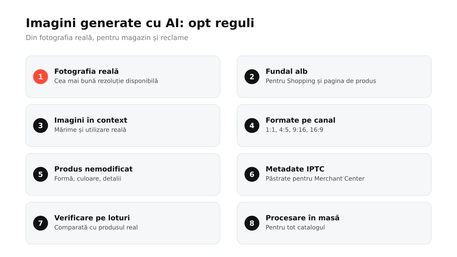 Infografic: opt reguli pentru imagini de produs generate cu AI, de la fotografia reală și fundalul alb la imagini în context, formate pe canal, produs nemodificat, metadate IPTC, verificare și procesare în masă