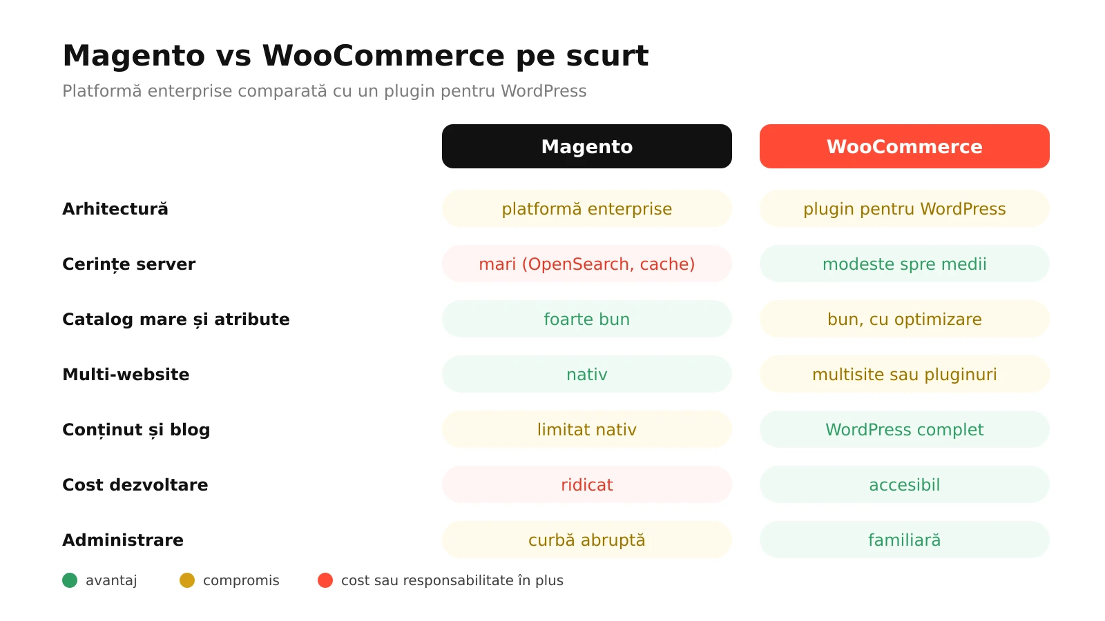 Infografic: Magento comparat cu WooCommerce la arhitectură, cerințe de server, catalog mare, multi-website, conținut, cost de dezvoltare și ușurința administrării