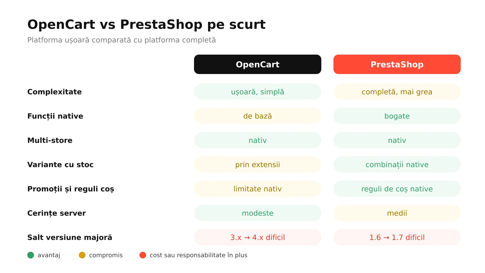 Infografic: OpenCart comparat cu PrestaShop la complexitate, funcții native, multi-store, variante de produs, promoții, cerințe de server și actualizări majore