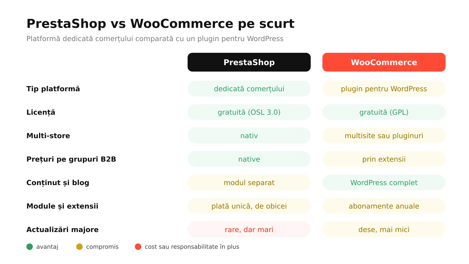 Infografic: PrestaShop comparat cu WooCommerce la tipul platformei, licență, multi-store, prețuri B2B, conținut, module și actualizări majore