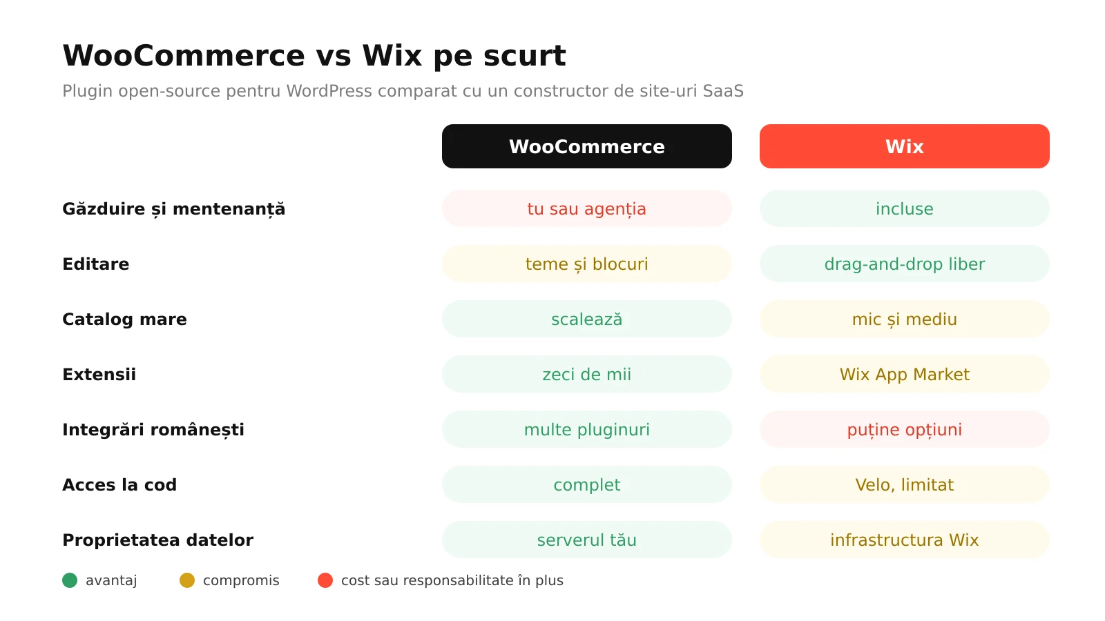 Infografic: WooCommerce comparat cu Wix la găzduire, editare, catalog mare, extensii, acces la cod, mentenanță și conținut