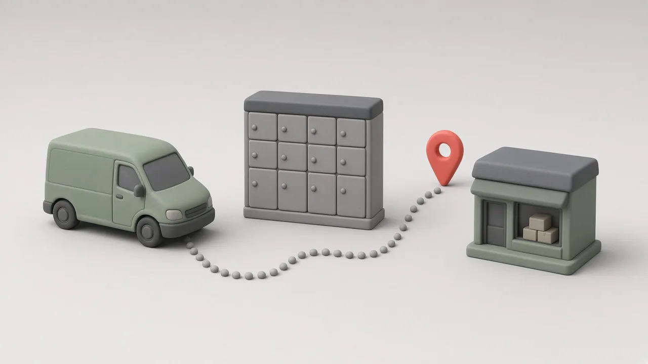 O dubă de curierat lângă un locker de colete și un magazin online miniatural, legate printr-o linie punctată de urmărire