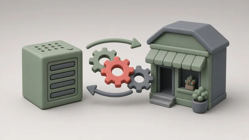 Un server și un magazin miniatural legate prin roți dințate și săgeți care circulă în ambele sensuri