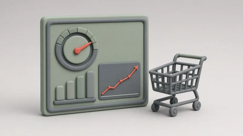 Un tablou de bord cu un indicator circular, grafice de bare și un mic grafic ascendent, lângă un coș de cumpărături
