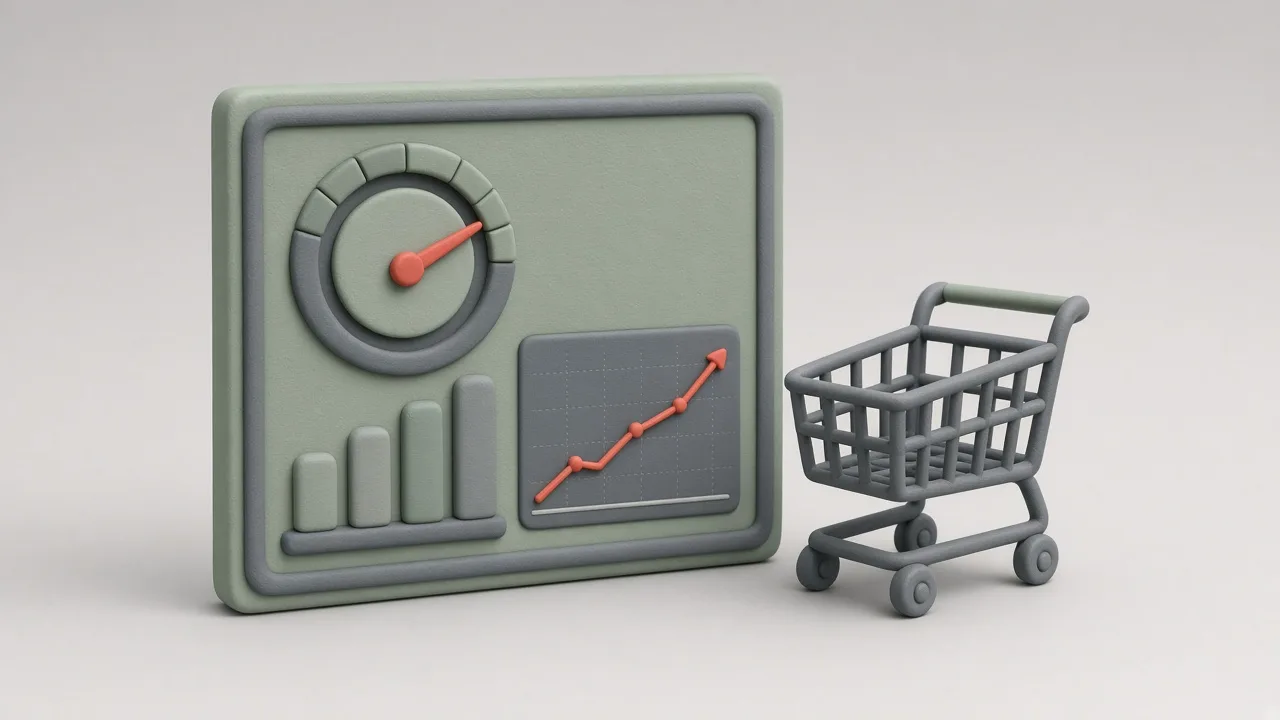 Un tablou de bord cu un indicator circular, grafice de bare și un mic grafic ascendent, lângă un coș de cumpărături