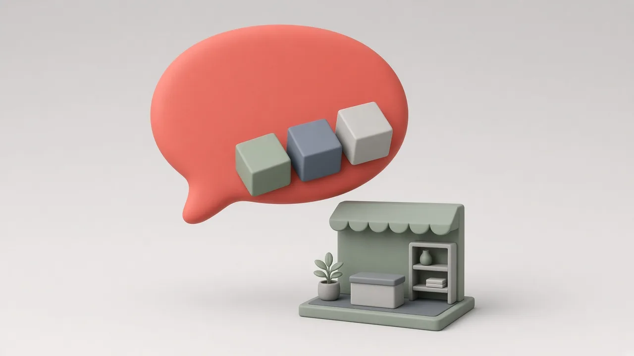 Un balon de conversație mare cu trei cutii de produse recomandate, deasupra unui magazin online miniatural