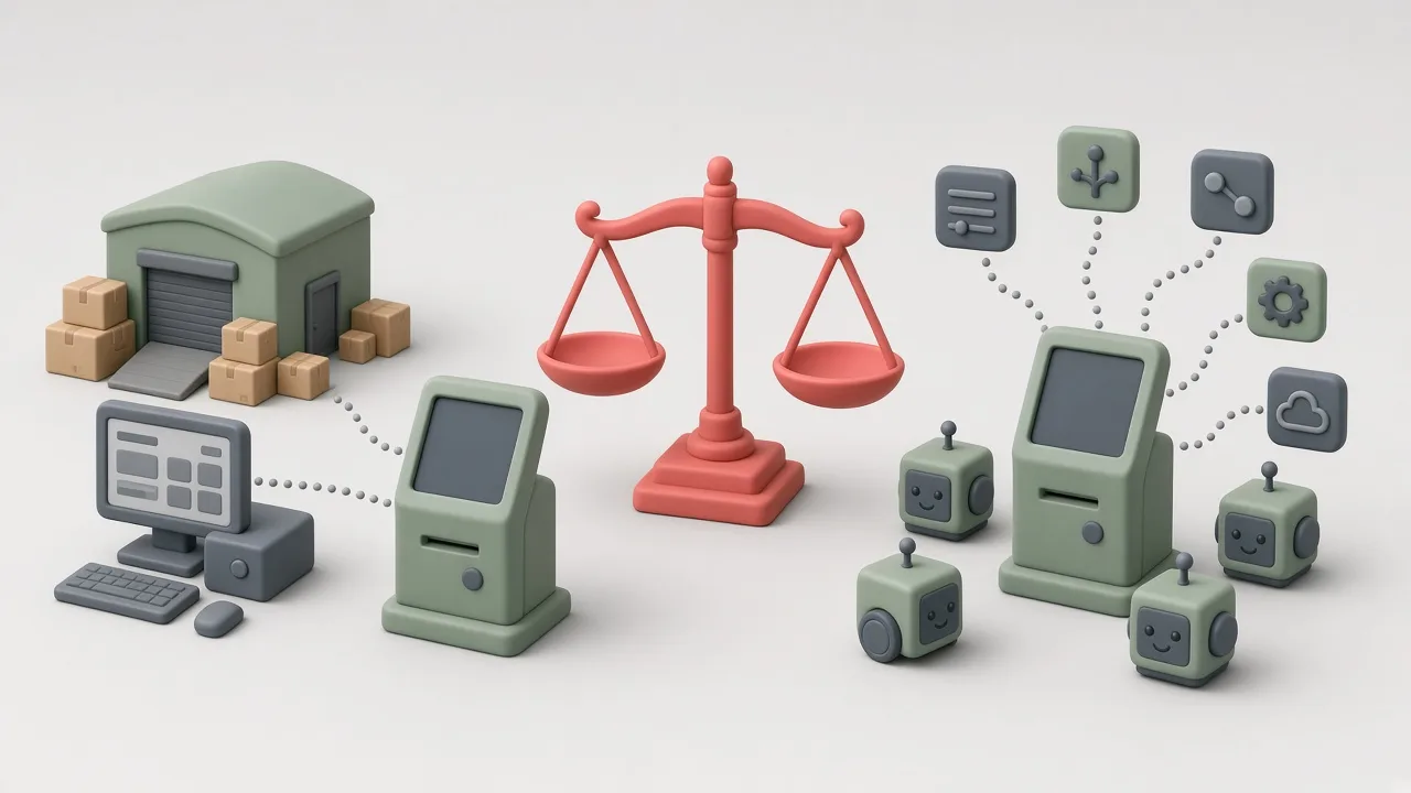 Două magazine online gata echipate, unul conectat la un depozit și la un sistem de gestiune, celălalt înconjurat de roboți mici de automatizare și aplicații