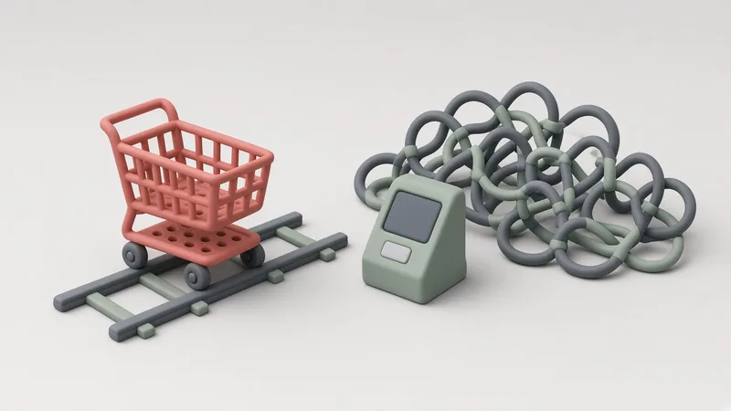 Un coș de cumpărături pe o șină scurtă și dreaptă, lângă un terminal de plată și un traseu lung și încâlcit