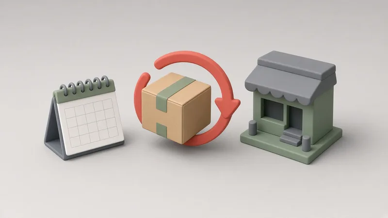 Un colet care se întoarce spre un magazin online miniatural pe o săgeată circulară, lângă un calendar cu 14 zile marcate