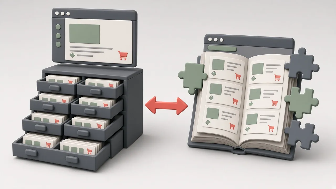 O cutie de unelte cu sertare pline de module alături de o carte deschisă din care ies piese de puzzle, simbolizând două platforme open-source