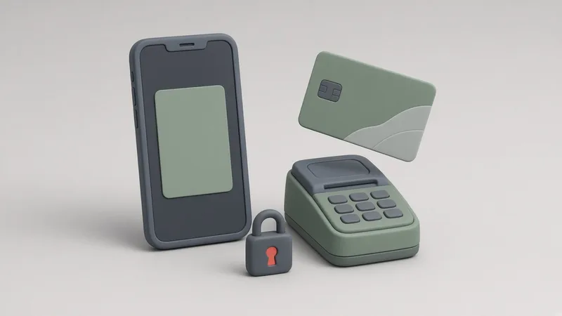 Un card bancar și un telefon cu plată contactless deasupra unui terminal de plată online, cu un lacăt de securitate