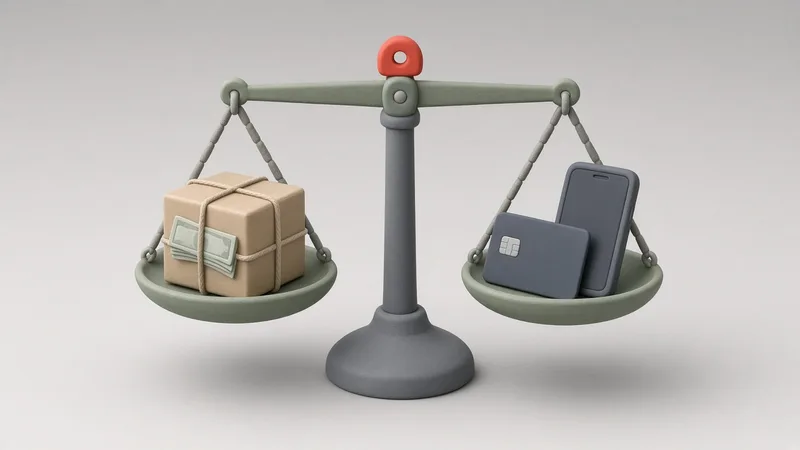 Un colet cu bancnote pe o parte a unei balanțe și un card bancar cu un telefon pe cealaltă parte