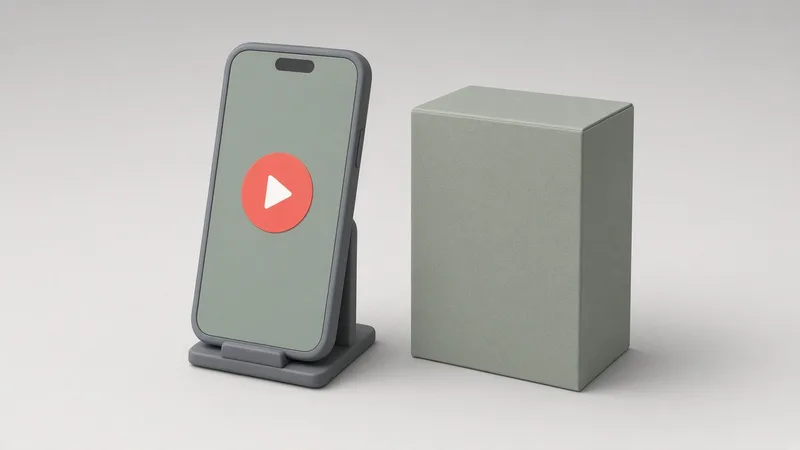 Un telefon vertical pe un suport, cu un buton de redare roșu, lângă o cutie