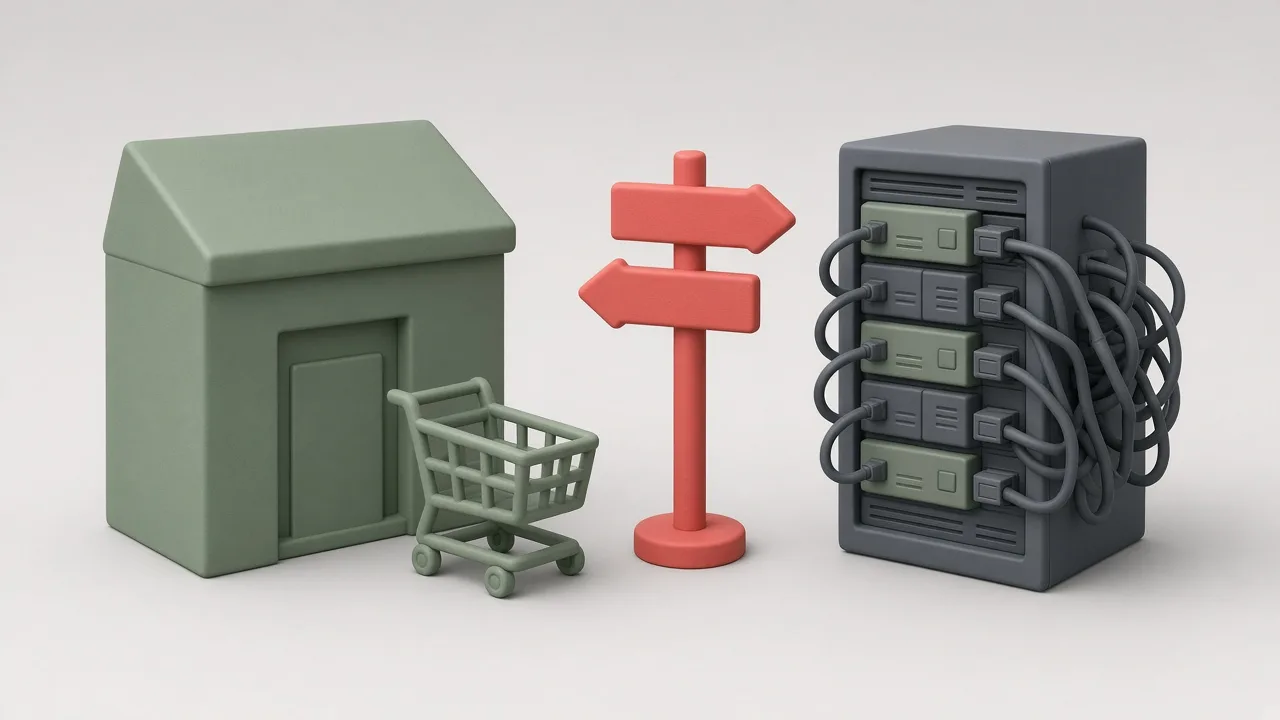 Un magazin online construit dintr-un singur bloc solid, comparat cu un magazin pe un server, cu multe module conectate prin cabluri