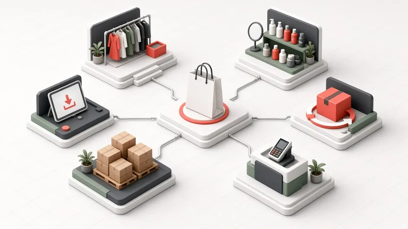 Ilustrație izometrică cu șase tipuri de magazine online conectate la o pungă de cumpărături: modă, cosmetice, produse digitale, abonamente, en-gros și punct de vânzare fizic