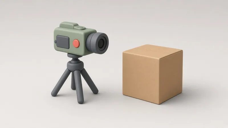 O cameră video mică pe trepied, îndreptată spre o cutie de carton