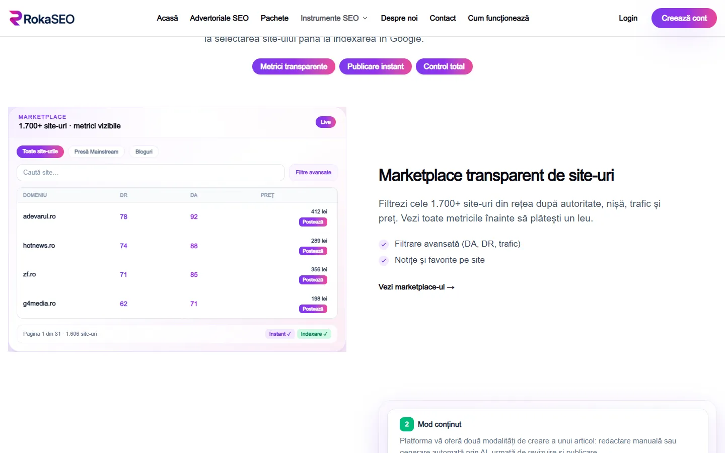 RokaSEO: Marketplace de advertoriale SEO